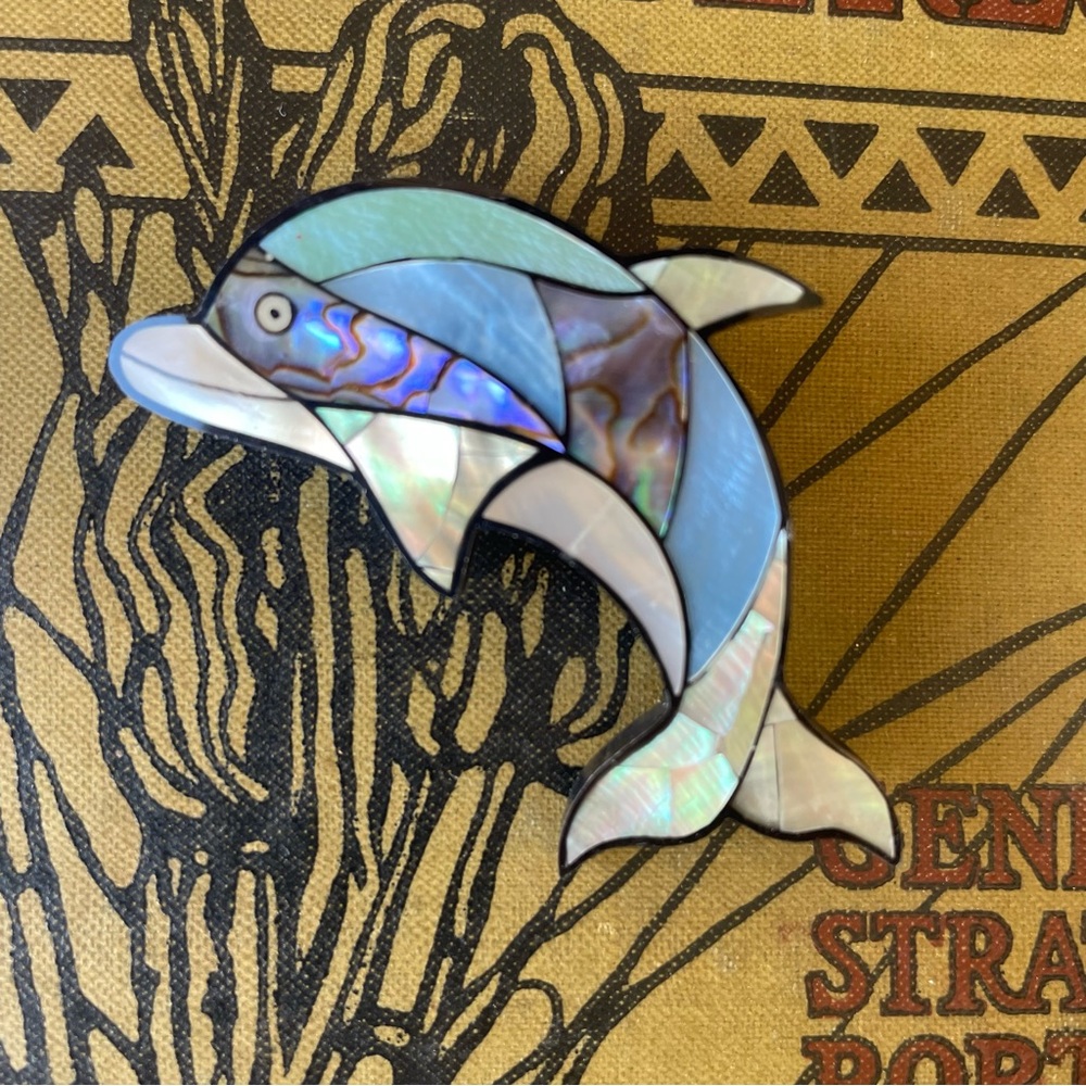 Dolphin Brooch Pin Abalone Pearl Shell 2 1/2” Across Beautiful Condition!